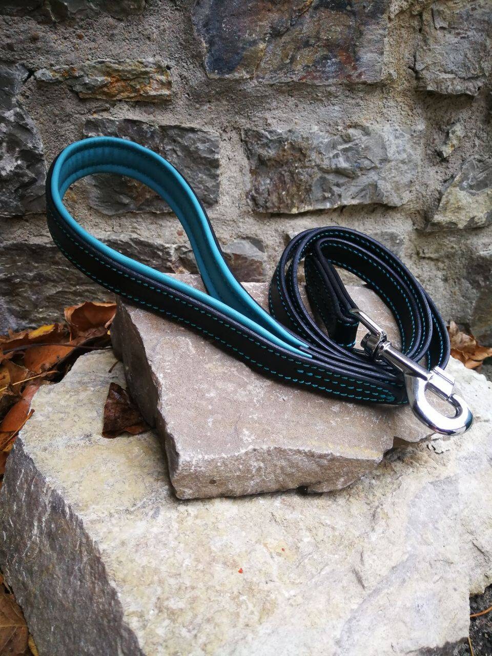 Turquoise Leather Dog Leash with Padded Handle