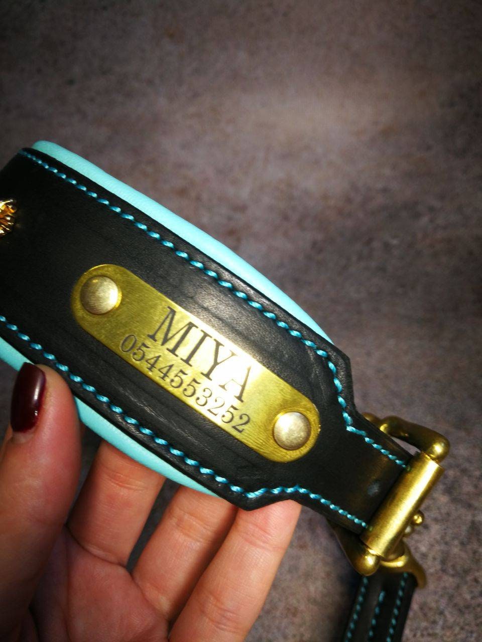 Turquoise Stones Personalized Leather Dog Collar and Leash Set Dog Collar with Turquoise Stones Personalized Collar for Dog Collar with Tag