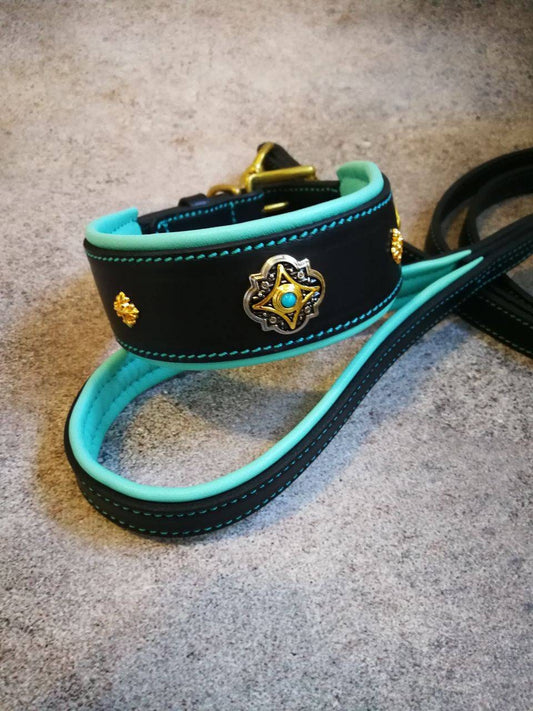 Turquoise Stones Personalized Leather Dog Collar and Leash Set Dog Collar with Turquoise Stones Personalized Collar for Dog Collar with Tag