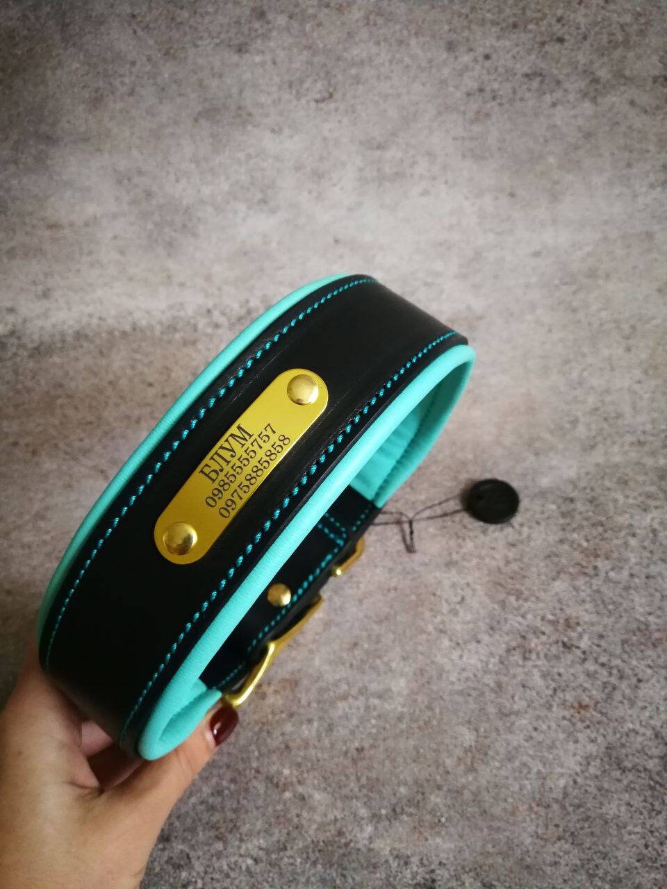 Personalised Black and Turquoise Leather Soft Padded Dog Collar, Padded Dog Collar with brass nameplate