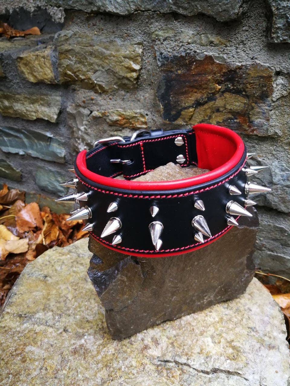 Black Leather Dog Collar with Red Leather Padded and 3 Row Spikes, Wide Padded Studded Leather Dog Collar for Big Dog, Leather Collar Spikes