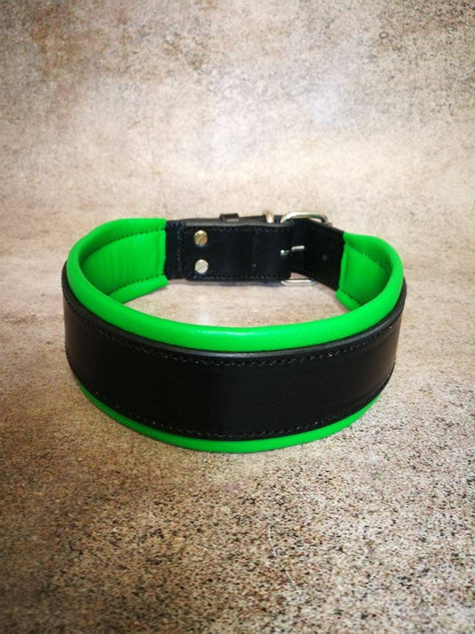 Ready Made Black Dog Collar with Green Padded, Big Dog Comfortable Heavy Duty Collar with soft padding, Green Dog Collar Quality Leather
