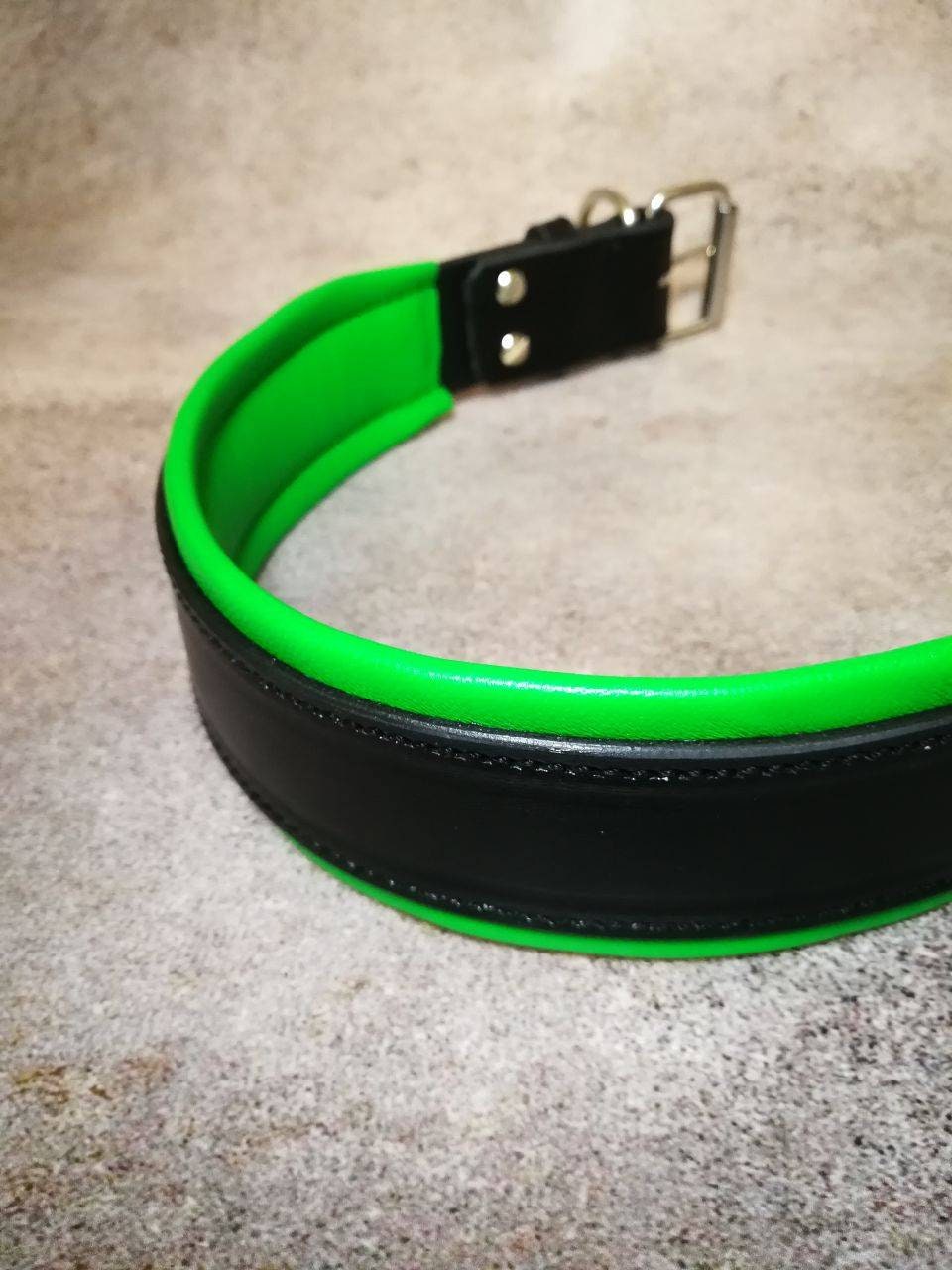 Ready Made Black Dog Collar with Green Padded, Big Dog Comfortable Heavy Duty Collar with soft padding, Green Dog Collar Quality Leather