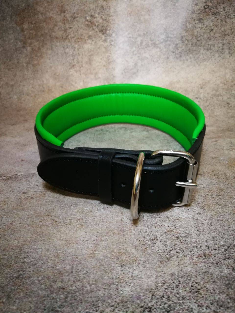 Ready Made Black Dog Collar with Green Padded, Big Dog Comfortable Heavy Duty Collar with soft padding, Green Dog Collar Quality Leather
