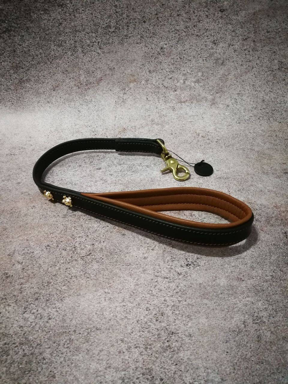 Short Leather Dog Lead with Padded Handle and Skulls