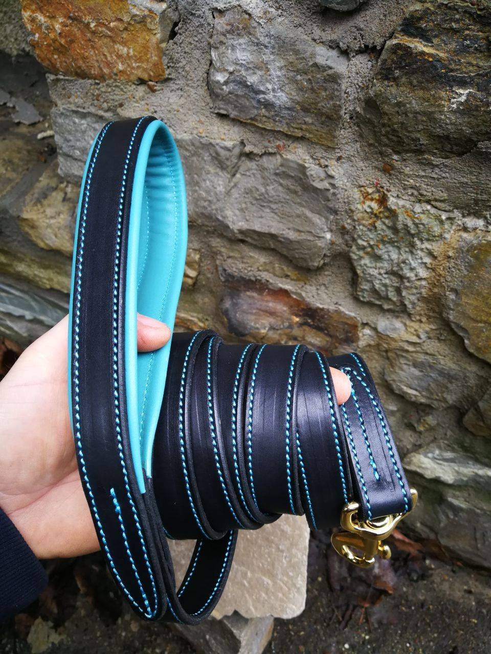 1 in Wide Padded Handle Leather Dog Leash Stitched with Turquoise Thread, Comfortable Handle Heavy Duty 6 foot Leather Leash for Large Dogs