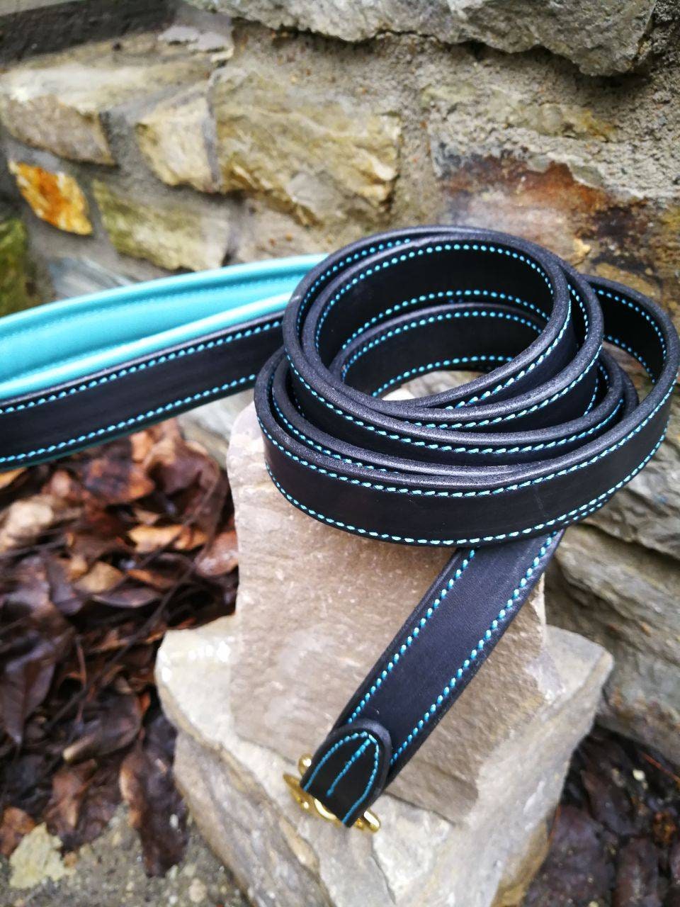 1 in Wide Padded Handle Leather Dog Leash Stitched with Turquoise Thread, Comfortable Handle Heavy Duty 6 foot Leather Leash for Large Dogs