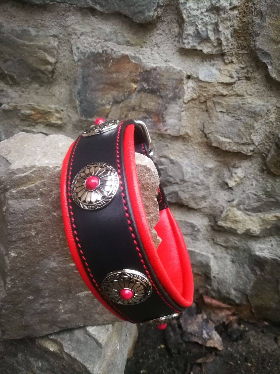 Red Leather Dog Collar with Red Stones Conchos Dog Collar Leather Padded Collar Red Leather Collar Designer Leather Dog collar Flower Concho