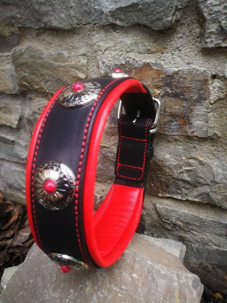 Red Leather Dog Collar with Red Stones Conchos Dog Collar Leather Padded Collar Red Leather Collar Designer Leather Dog collar Flower Concho