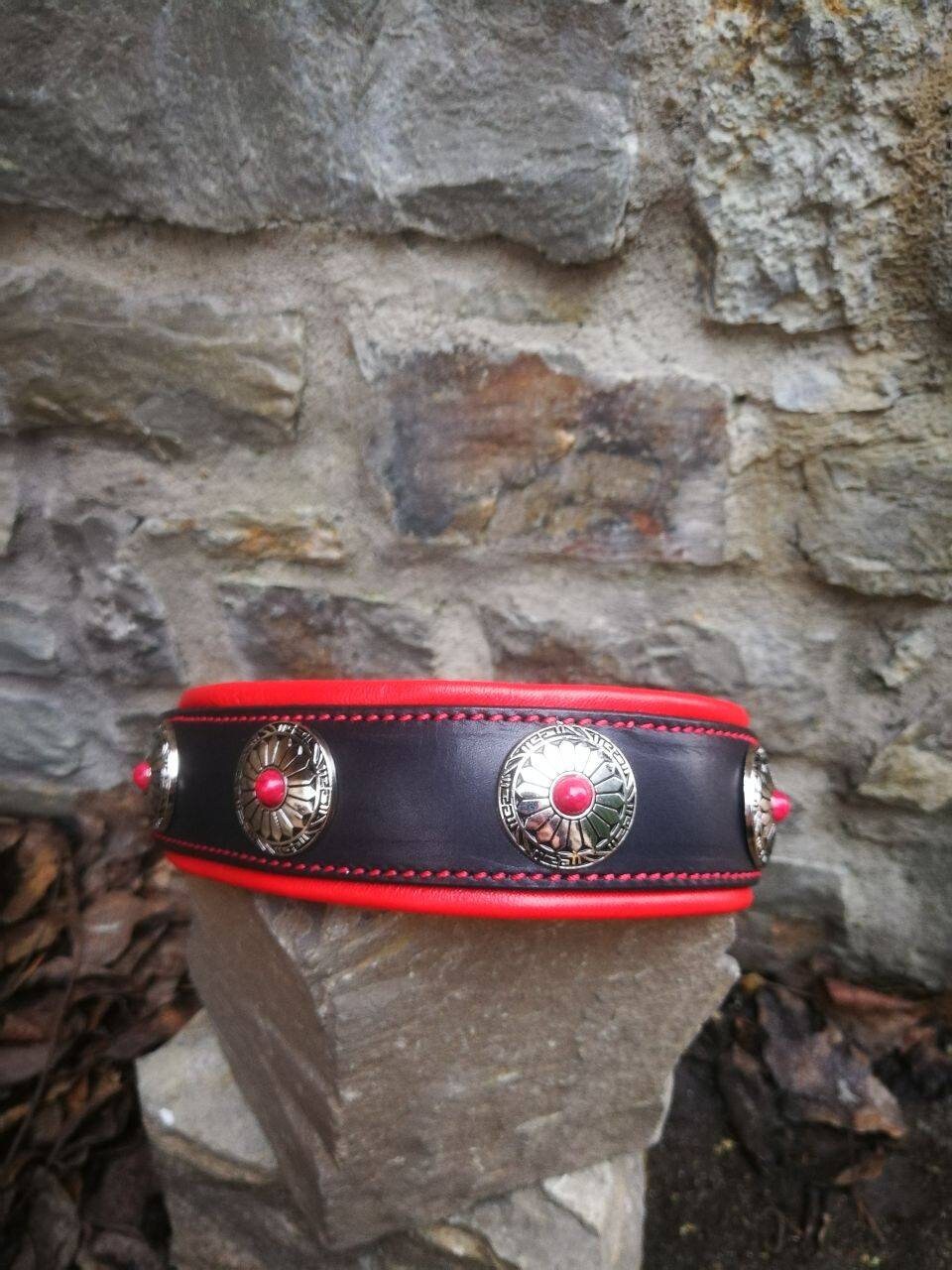 Red Leather Dog Collar with Red Stones Conchos Dog Collar Leather Padded Collar Red Leather Collar Designer Leather Dog collar Flower Concho