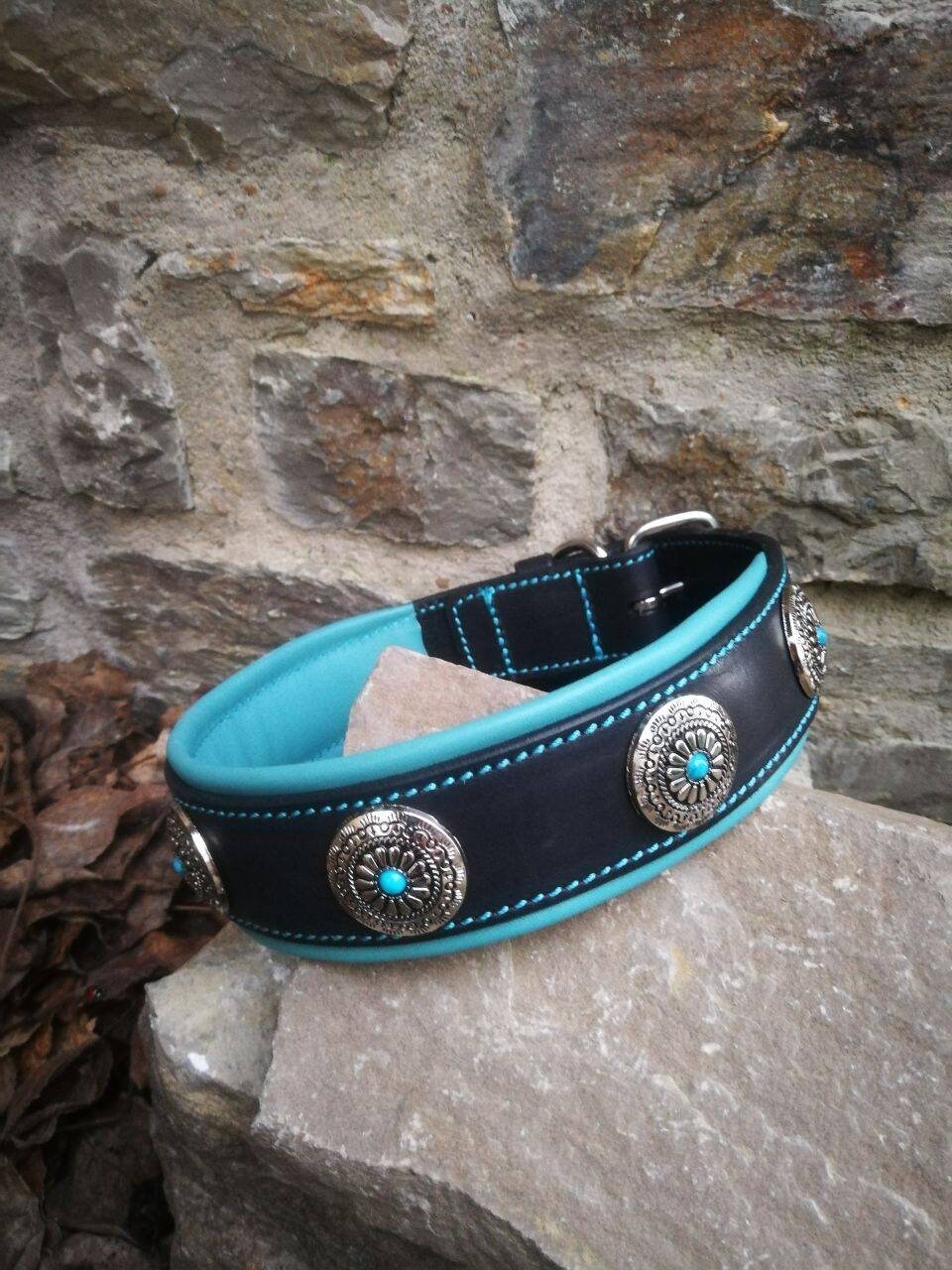 Turquoise Dog Collar Leather Turquoise Stone Dog Collar Leather Dog Collar with Turquoise Stones Padded Leather Collar for Big Dog Collar