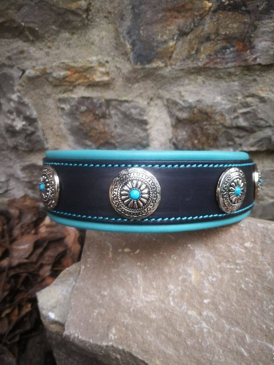 Turquoise Dog Collar Leather Turquoise Stone Dog Collar Leather Dog Collar with Turquoise Stones Padded Leather Collar for Big Dog Collar