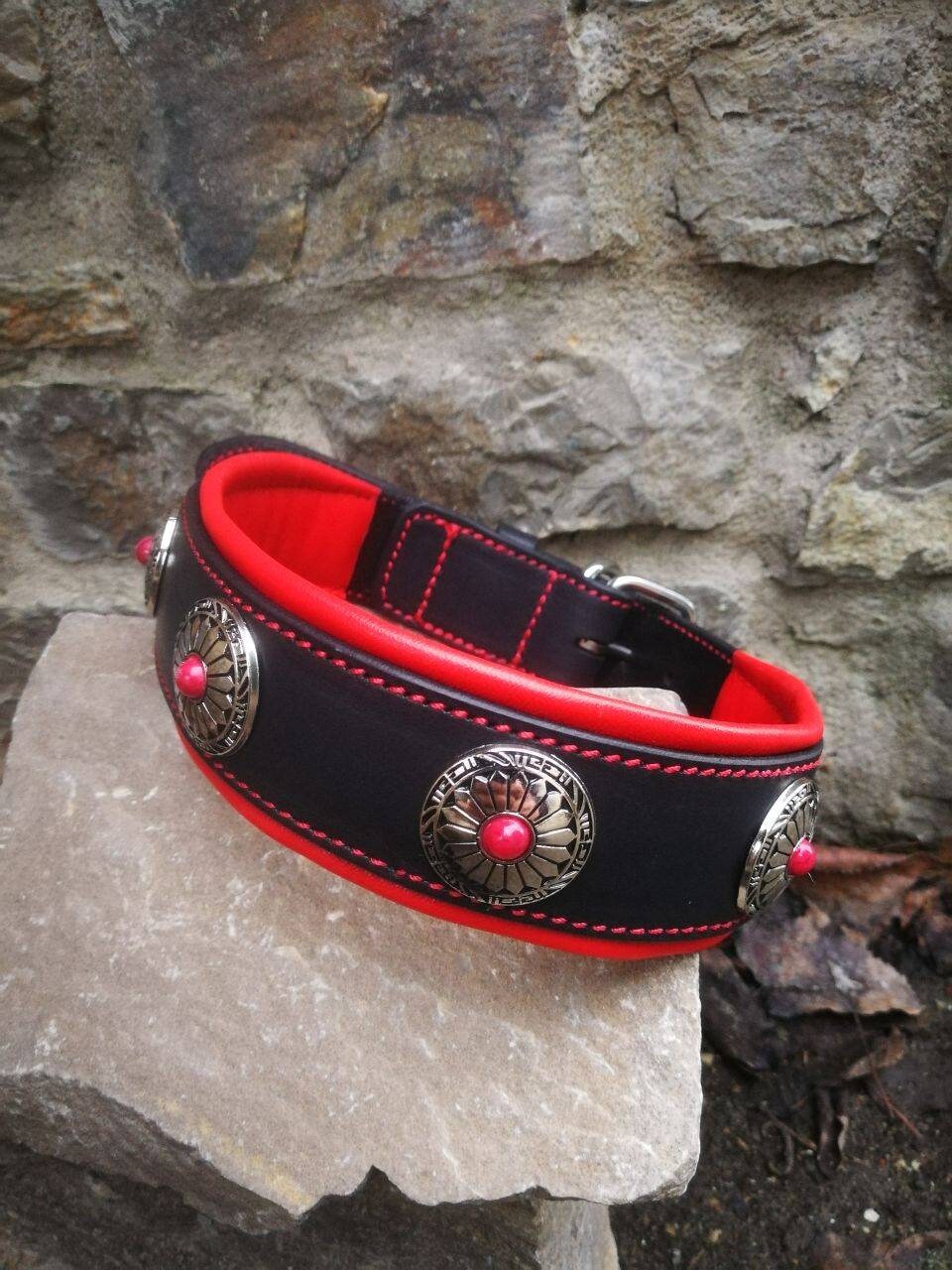 Red Leather Dog Collar with Red Stones Conchos Dog Collar Leather Padded Collar Red Leather Collar Designer Leather Dog collar Flower Concho