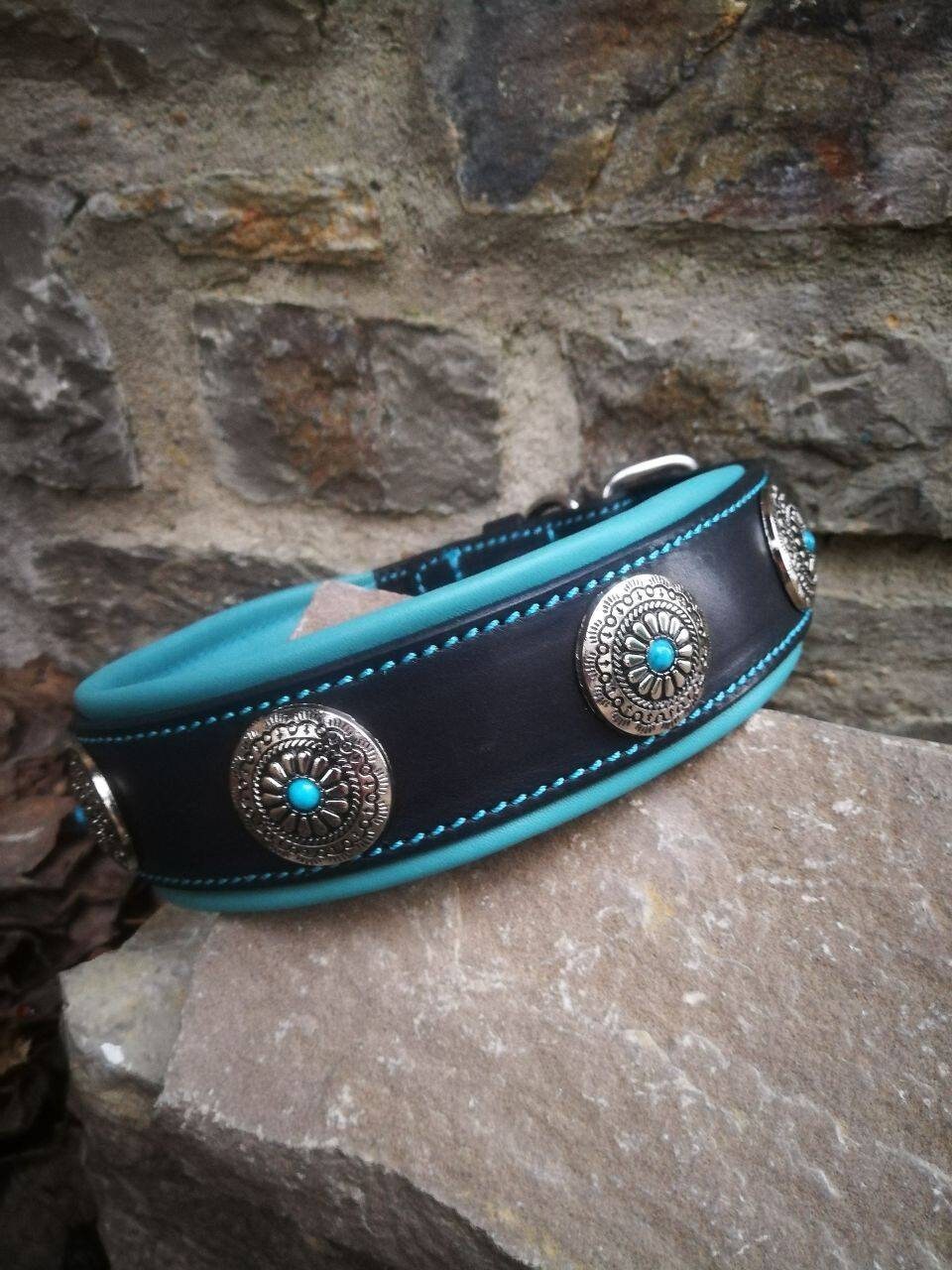 Turquoise Dog Collar Leather Turquoise Stone Dog Collar Leather Dog Collar with Turquoise Stones Padded Leather Collar for Big Dog Collar