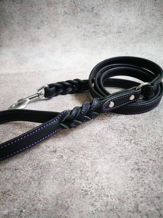 Purple Stitch Leather Dog Leash with Braiding, Braided Leather Leash for Dog, Custom Dog Leash, Handmade Leather Leash, 4 ft - 5 ft - 6 foot