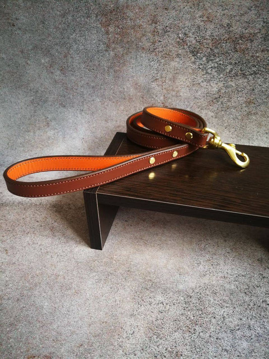 Brown Leather Dog Leash with Solid Brass Snap, 3/4 inches leather leash