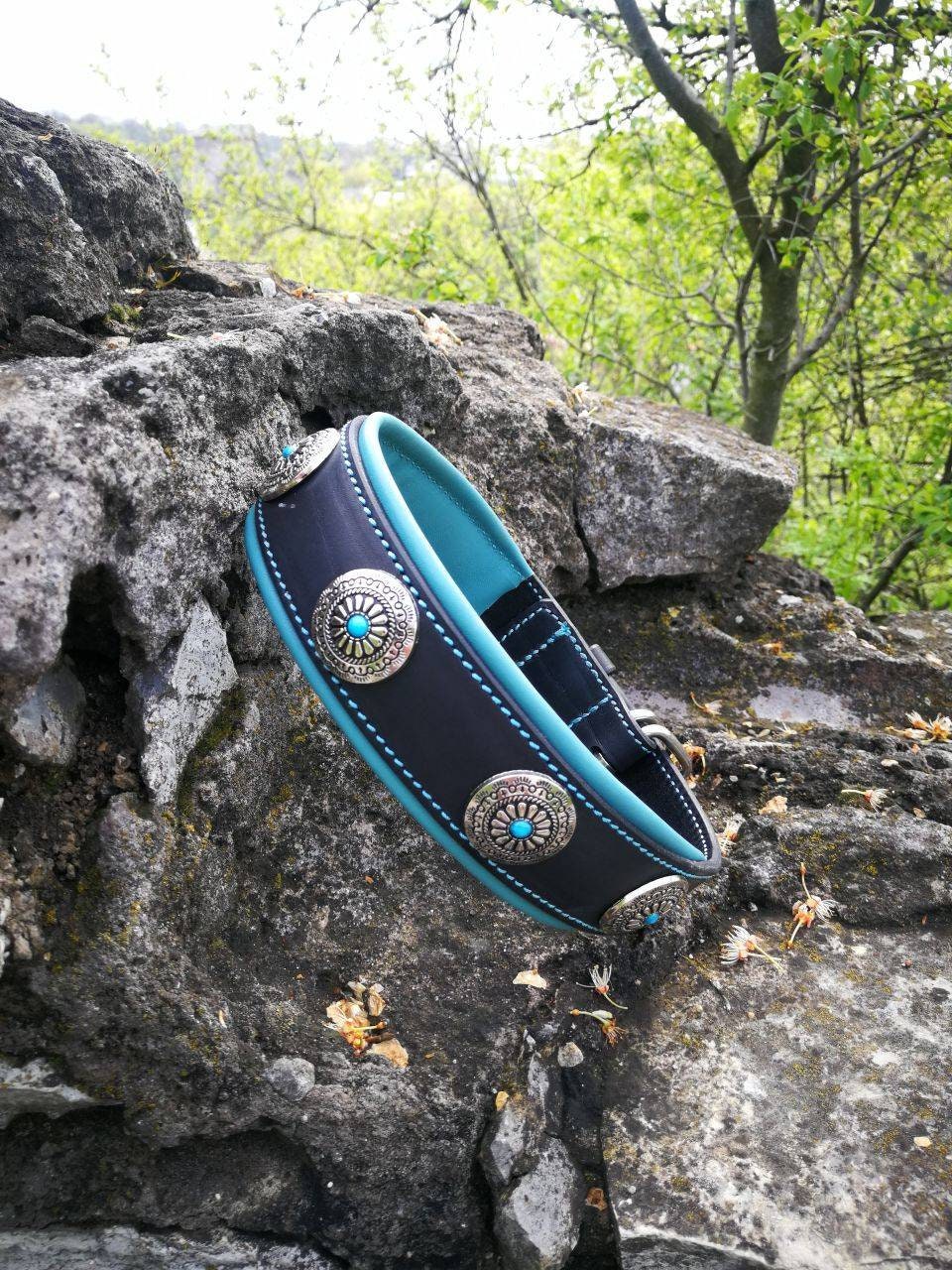 Turquoise Stones Leather Dog Collar, Conchos Dog Collar, 2 in Wide Dog Collar, Western Dog Collar, Size 18-22 in, 45-55 cm Ready to Ship