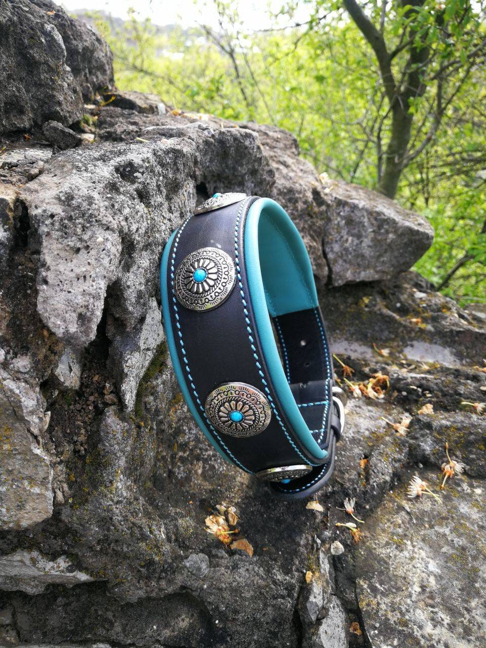 Turquoise Stones Leather Dog Collar, Conchos Dog Collar, 2 in Wide Dog Collar, Western Dog Collar, Size 18-22 in, 45-55 cm Ready to Ship