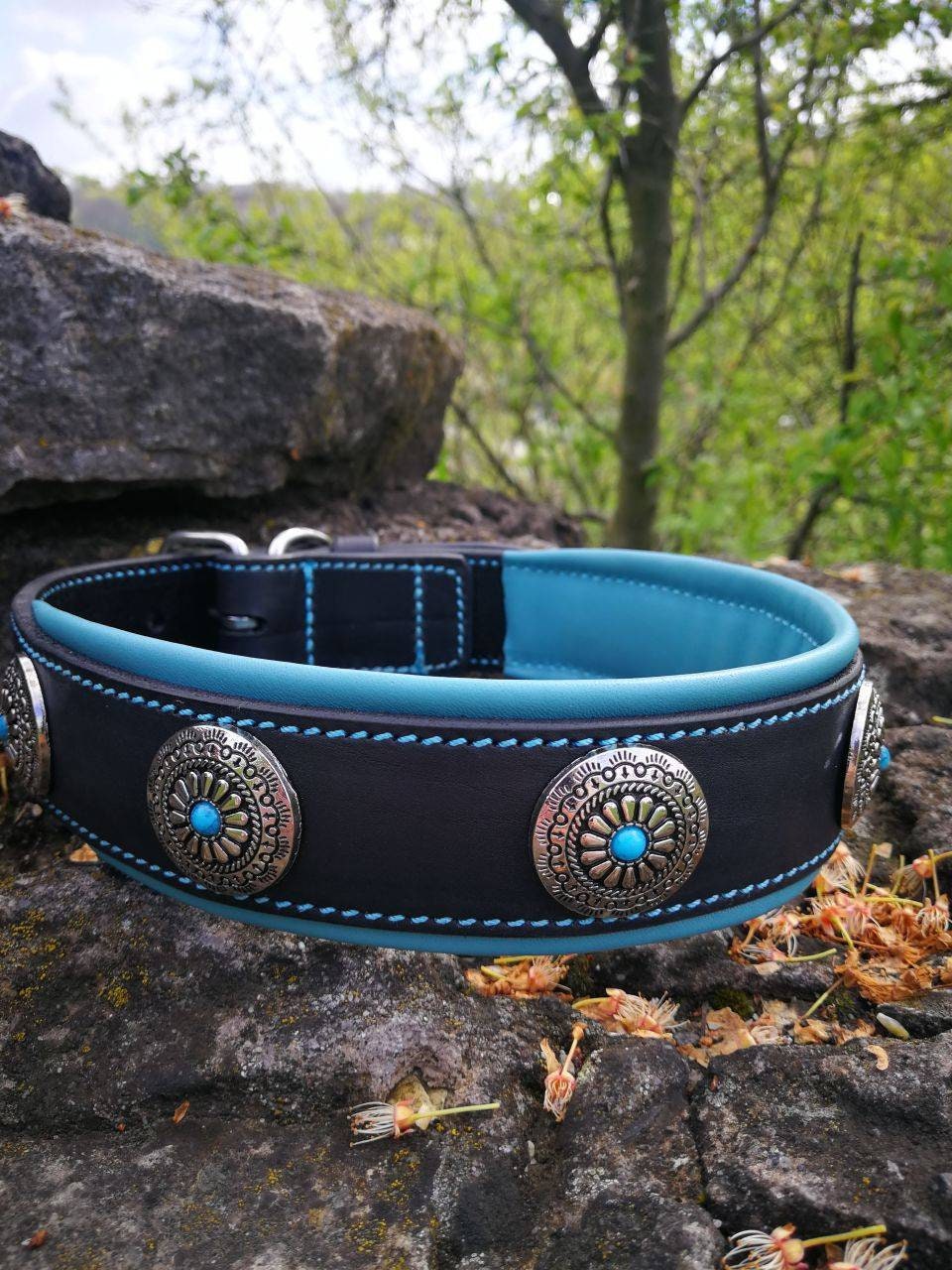 Turquoise Stones Leather Dog Collar, Conchos Dog Collar, 2 in Wide Dog Collar, Western Dog Collar, Size 18-22 in, 45-55 cm Ready to Ship