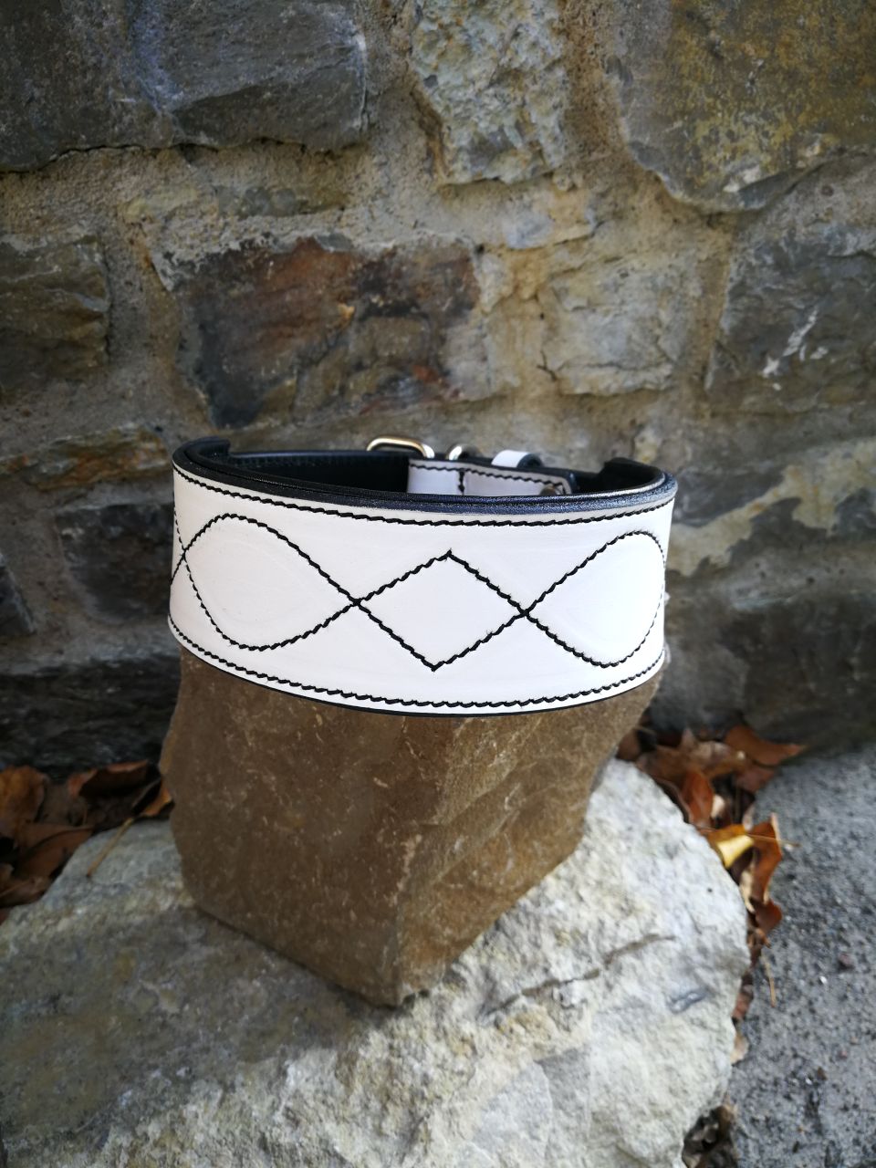 White Leather Dog Collar with Black Padding and Stitch